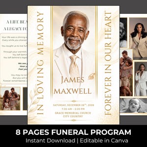 Könnte beinhalten: Eine achtseitige Trauerprogramm-Vorlage in Gold und Weiß. Das Deckblatt zeigt das Porträt eines älteren Mannes, den Text IN LOVING MEMORY, JAMES MAXWELL sowie die Veranstaltungsdetails für Samstag, den 28. Dezember 2026, in der Grace Memorial Church.