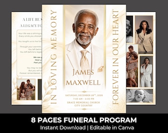 White & Gold Funeral Program Template: 8-Page Memorial (Canva, Digital Download)