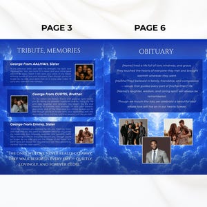 May include: A memorial program with a blue sky and cloud background. The left page reads "Tribute, Memories" with family photos and text. The right page reads "Obituary" with text and family photos.
