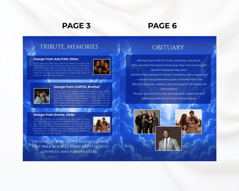May include: A memorial program with a blue sky and cloud background. The left page reads "Tribute, Memories" with family photos and text. The right page reads "Obituary" with text and family photos.