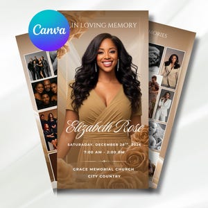 May include: A memorial card with a portrait of a woman in a gold dress, with the text "In Loving Memory" and "Elizabeth Rose." Additional photos and text include the date, time, church, and city.