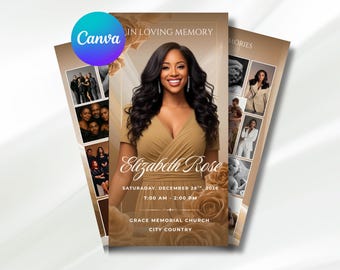 brown roses Trifold Funeral Program Template: 6-Page Memorial (Canva, Digital Download)