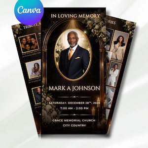 May include: A memorial card with a portrait of a man in a dark suit and gold tie, framed by an ornate gold arch. The card includes the text "IN LOVING MEMORY" and the name "MARK A JOHNSON". Additional photos and event details are also included.
