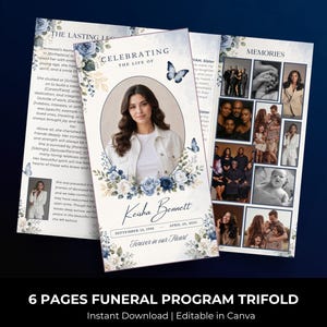 May include: A six-page funeral program trifold featuring blue floral accents and butterfly illustrations. The cover displays a central oval photo of a person, the text CELEBRATING THE LIFE OF, Keisha Bennett, dates, and Forever in our Heart.