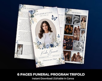blue roses Trifold Funeral Program Template: 6-Page Memorial (Canva, Digital Download)