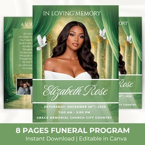 May include: A funeral program with a woman's portrait, green curtains, and white doves. The program includes the text "In Loving Memory" and "Elizabeth Rose". The program is for a service on December 28th, 2026.
