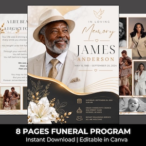 Può includere: Un modello di programma funebre di otto pagine con il ritratto di un uomo anziano con cappello, accenti floreali dorati e sfondi neri e crema. Il testo include In Loving Memory, James Anderson, date e dettagli sulla cerimonia.
