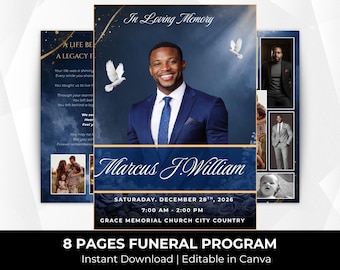 Blue Roses Funeral Program Template, 8-Page Bi-Fold Obituary Celebration (Digital Download)
