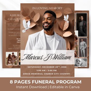 Könnte beinhalten: Ein Trauerprogramm mit braunem und weißem Design. Das Cover zeigt einen lächelnden Mann, Tauben und Blätter. Das Programm enthält den Text "In Loving Memory" und "Marcus J. William". Zusätzliche Fotos und Text sind enthalten.