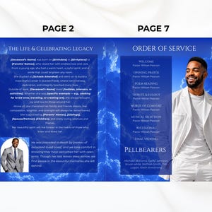 May include: A memorial service program with a blue sky background. The left page features text about a life and legacy, with a photo of a person in a suit. The right page lists the order of service, with a photo of a smiling person in a white suit.