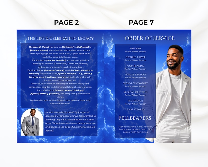May include: A memorial service program with a blue sky background. The left page features text about a life and legacy, with a photo of a person in a suit. The right page lists the order of service, with a photo of a smiling person in a white suit.