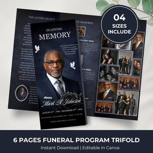 May include: A black and white funeral program trifold with the text "In Loving Memory" and the name "Mark A Johnson". The program includes a portrait, dates, and the text "6 Pages Funeral Program Trifold".