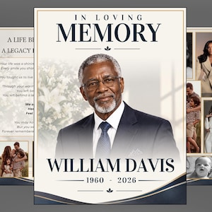 Pode incluir: Um modelo de programa funerário com o retrato de um homem mais velho de terno e gravata, com o texto IN LOVING MEMORY, WILLIAM DAVIS e os anos 1960-2026. O design inclui bordas douradas, lírios brancos e seções de colagem de fotos.