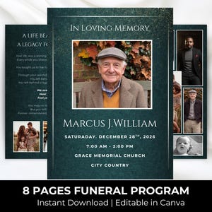 Könnte beinhalten: Ein Trauerprogramm mit dunkelgrünem Hintergrund. Die Titelseite zeigt ein Foto eines älteren Mannes, den Text "In Loving Memory" und den Namen "Marcus J. William". Zusätzliche Fotos und Text sind enthalten.