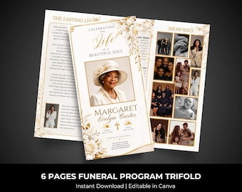 white & gold Trifold Funeral Program Template: 6-Page Memorial (Canva, Digital Download)