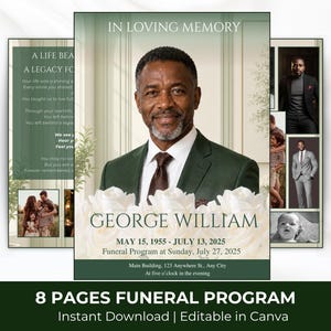 以下が含まれることがあります： 緑色のスーツを着た男性の肖像画、白い花、そして「George William」というテキストが特徴の葬儀プログラム。 プログラムには、日付、時間、そして「In Loving Memory」というフレーズが含まれています。