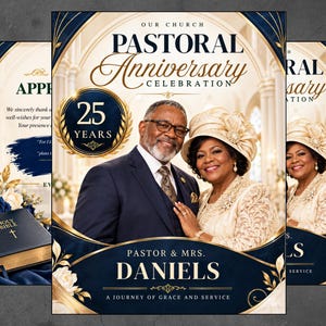May include: A pastoral anniversary celebration flyer featuring a couple in formal attire, a gold 25 years emblem, and the text Our Church Pastoral Anniversary Celebration, Pastor & Mrs. Daniels, and A Journey of Grace and Service in navy and gold.