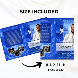 May include: A blue memorial card with a photo, text, and floral accents. The card is 8.5 x 11 inches when folded. The text includes the name "Morgan" and the phrase "In Loving Memory".