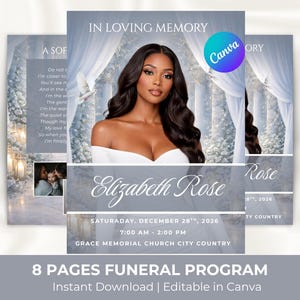 Puede incluir: Un modelo de programa fúnebre con un retrato de mujer, el texto "In Loving Memory" y el nombre "Elizabeth Rose". El programa incluye detalles del evento y el texto "8 Pages Funeral Program" y "Instant Download | Editable in Canva."