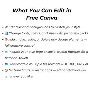 May include: White graphic with black text: "What You Can Edit in Free Canva." Bullet points describe editing text, changing fonts and colors, adding design elements, including logos, downloading in multiple formats, and no time limits.