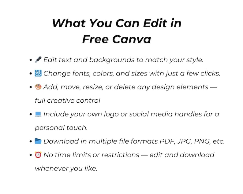 May include: White graphic with black text: "What You Can Edit in Free Canva." Bullet points describe editing text, changing fonts and colors, adding design elements, including logos, downloading in multiple formats, and no time limits.