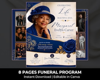 Blue & Gold Funeral Program Template: 8-Page Memorial (Canva, Digital Download)