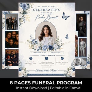 Op de afbeelding: Een 8-pagina uitvaartprogramma sjabloon met blauwe en witte bloemaccenten, vlinderillustraties en een centraal ovaal fotokader. De tekst luidt In Loving Memory, Celebrating the Life of Keisha Bennett en bevat details over de dienst.