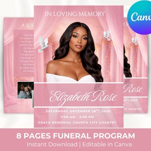 Könnte beinhalten: Ein rosa Trauerprogramm-Vorlage mit dem Text "In Loving Memory" und "Elizabeth Rose". Das Design beinhaltet ein Foto einer Frau, Tauben und Veranstaltungsdetails. Der Text unten lautet "8 Pages Funeral Program".