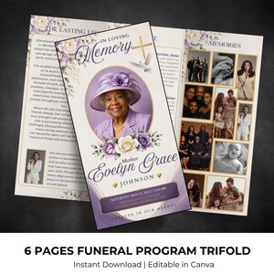 May include: A six-page funeral program trifold template featuring a purple and white floral design. The front cover displays a portrait of a woman in a purple hat, the text In Loving Memory, Mother Evelyn Grace Johnson, and service details.