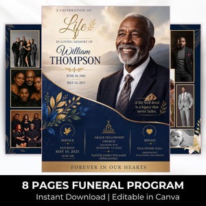 May include: A funeral program template featuring a portrait of an older man in a suit, gold and navy blue floral accents, and text including A Celebration of Life, In Loving Memory of William Thompson, June 10, 1943, May 14, 2025, and service details.
