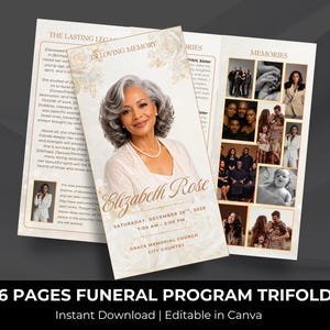 May include: A six-page trifold funeral program template featuring a portrait of a woman with gray hair, white rose graphics, and the text Elizabeth Rose, Saturday, December 28th, 2026, 7:00 AM - 2:00 PM, Grace Memorial Church, City Country, and Memories.