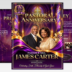 May include: A digital flyer for a 25-year pastoral anniversary featuring a man in a suit and a woman in a gold dress. The design includes purple and gold accents, a church interior background, and text reading Pastor & Mrs. James Carter.