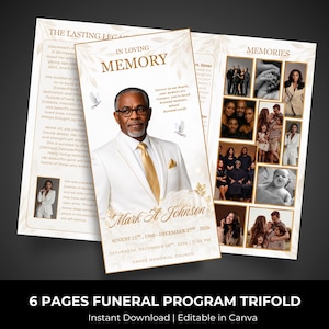 May include: A six-page funeral program trifold featuring a gold and white theme. The cover displays a portrait of a man in a white suit and gold tie, with the text IN LOVING MEMORY, Mark A. Johnson, and dates. Inside pages show photo collages.
