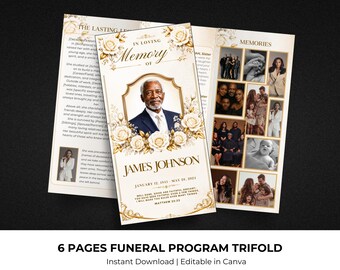 white & gold Trifold Funeral Program Template: 6-Page Memorial (Canva, Digital Download)