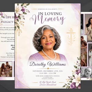 May include: A funeral program template featuring a portrait of a woman with gray hair wearing a pearl necklace and purple top. The text reads In Loving Memory, Dorothy Williams, Saturday, December 14th, 2026, and New Hope Community Church.