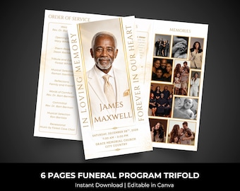 white & gold Trifold Funeral Program Template: 6-Page Memorial (Canva, Digital Download)