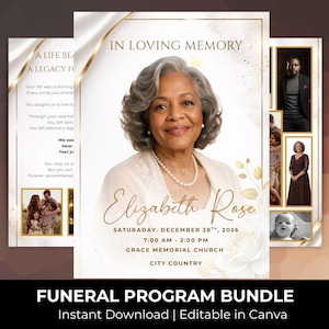 Könnte beinhalten: Eine Trauerprogramm-Vorlage mit dem Porträt einer älteren Person mit grauem Haar, goldenem Text IN LOVING MEMORY, Elizabeth Rose, und Veranstaltungsdetails für den 28. Dezember 2026 in der Grace Memorial Church, akzentuiert mit goldenen Blumengrafiken.
