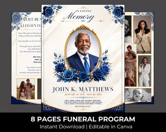 Blue Roses Funeral Program Template: 8-Page Memorial (Canva, Digital Download)