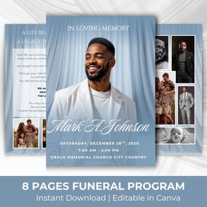 May include: A funeral program template with a light blue background and a photo of a smiling man in a white jacket. The text reads "In Loving Memory" and includes the name "Mark A. Johnson" and event details. Additional photos are included.