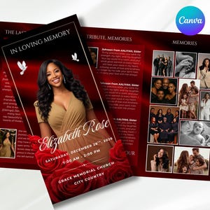 May include: A funeral program template featuring a deep red background with red roses, white doves, and the text In Loving Memory, Elizabeth Rose, Saturday, December 28th, 2026, 7:00 AM - 2:00 PM, Grace Memorial Church, City Country, and photo collages.