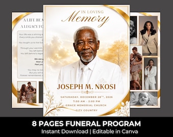 White & Gold Funeral Program Template: 8-Page Memorial (Canva, Digital Download)
