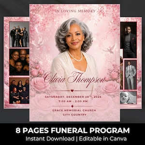 May include: An 8-page funeral program template featuring a portrait of a woman with gray hair, pink roses, and white doves. Text includes IN LOVING MEMORY, Olivia Thompson, SATURDAY, DECEMBER 28TH, 2026, 7:00 AM - 2:00 PM, and GRACE MEMORIAL CHURCH.