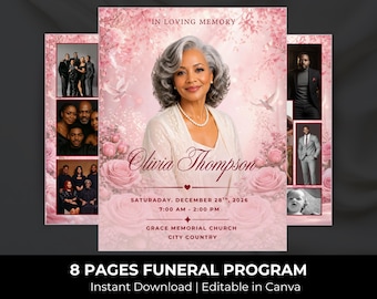 Pink Roses Funeral Program Template: 8-Page Memorial (Canva, Digital Download)