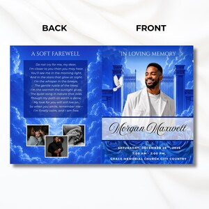 May include: A memorial card with a blue and white design. The front features a photo of a smiling man, the text "In Loving Memory," and the name "Morgan Maxwell." The back includes a poem titled "A Soft Farewell."