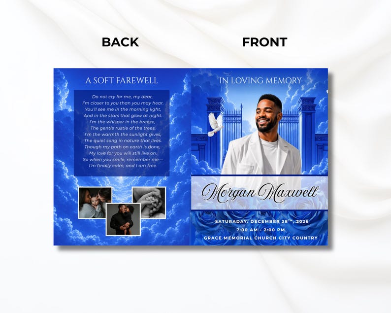 May include: A memorial card with a blue and white design. The front features a photo of a smiling man, the text "In Loving Memory," and the name "Morgan Maxwell." The back includes a poem titled "A Soft Farewell."
