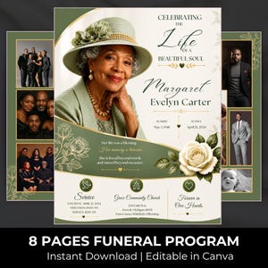 May include: An eight-page funeral programme template featuring a portrait of an older individual in a green hat, floral illustrations, and text including "Celebrating the Life of a Beautiful Soul," "Margaret Evelyn Carter," and service details.