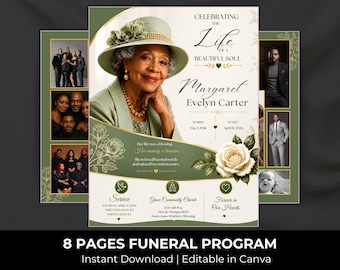 Green & Gold Funeral Program Template: 8-Page Memorial (Canva, Digital Download)