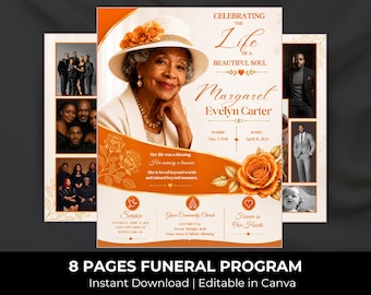 Orange Roses Funeral Program Template: 8-Page Memorial (Canva, Digital Download)