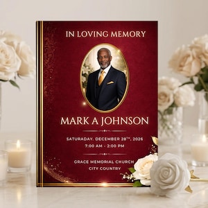 Red & Gold Funeral Program Template: 8-Page Memorial (Canva, Digital Download)