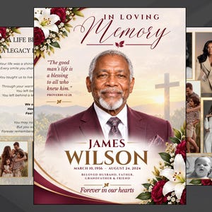 May include: A funeral program template featuring a portrait of an older man in a maroon suit. The text reads In Loving Memory, James Wilson, March 10, 1956 – August 24, 2024, and includes a quote from Proverbs 12:28, decorated with white lilies and red roses.